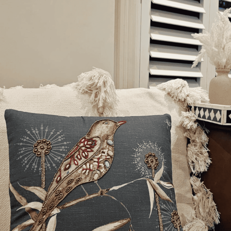 Midnight Bird Embroidered Cushion Cover