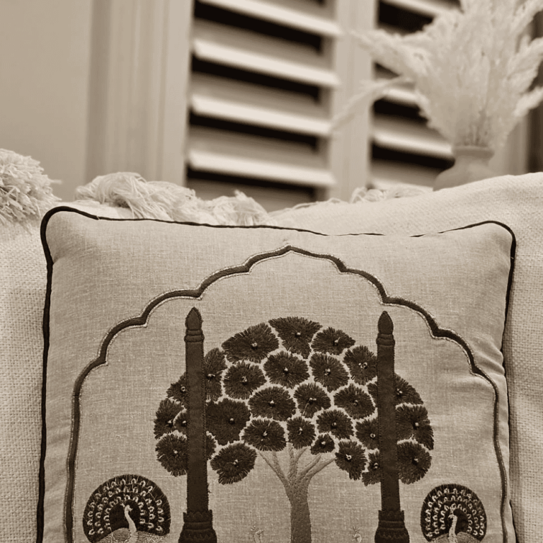 Mughal Arch Peacock Cushion Cover