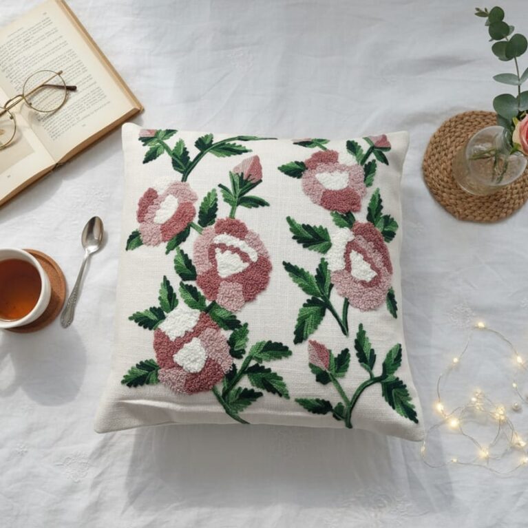 Rose Garden Embroidered Cushion Cover