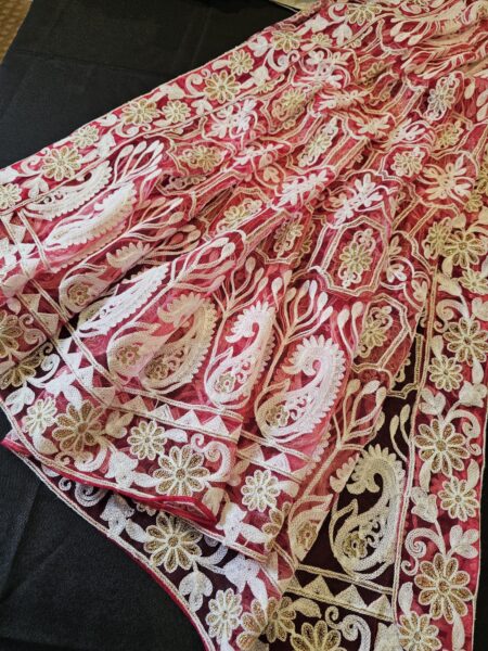 “Crimson Whisper” Net Dupatta with White & Golden Ara Embroidery