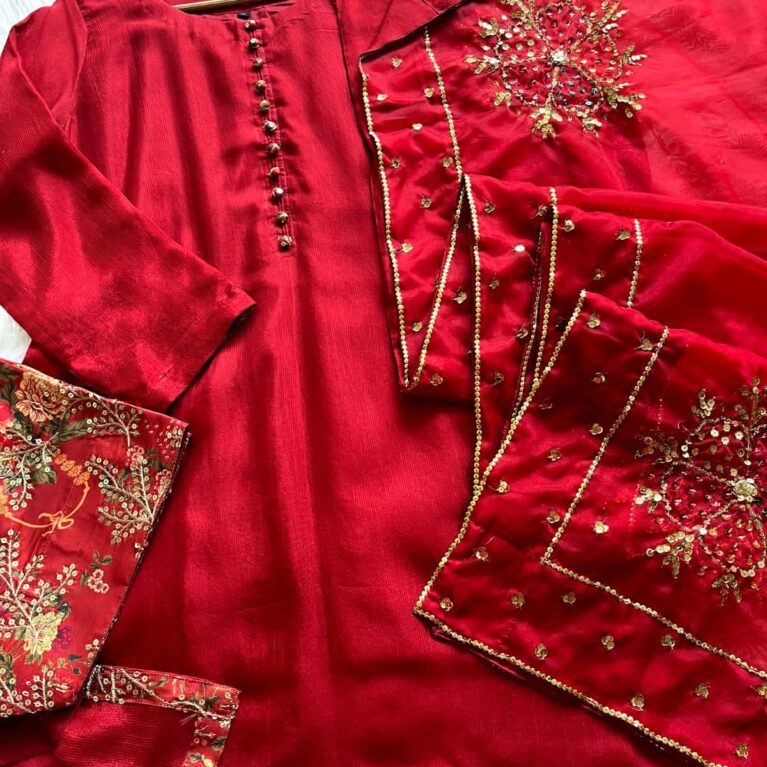Crimson Reverie – Hand-Embroidered Silk Suit with Sequins