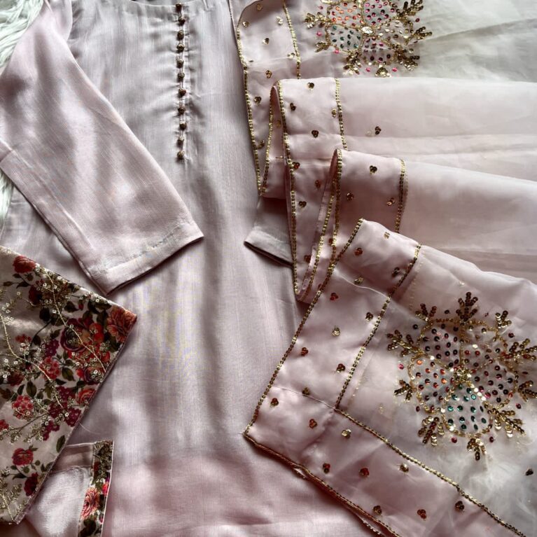 Muted blush- Hand-Embroidered Silk Suit with Sequins