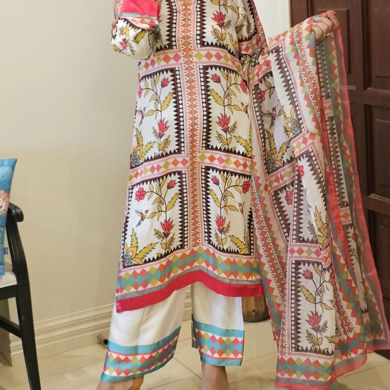 Radiant Elegance: White Silk Suit with Vibrant Print, Silk Dupatta & Barrel Pants