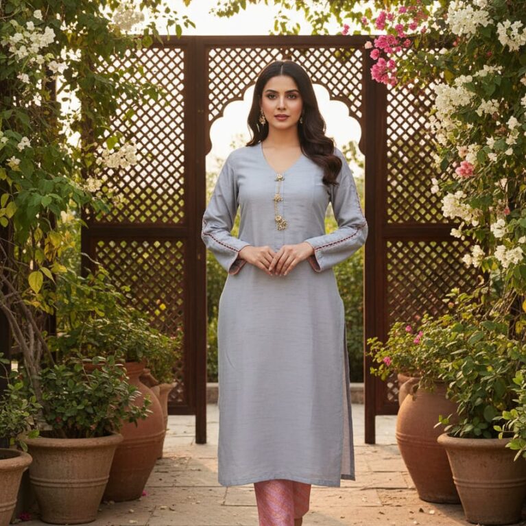 Grey Raw Silk Kurta Set with Pink Jamawar Pants