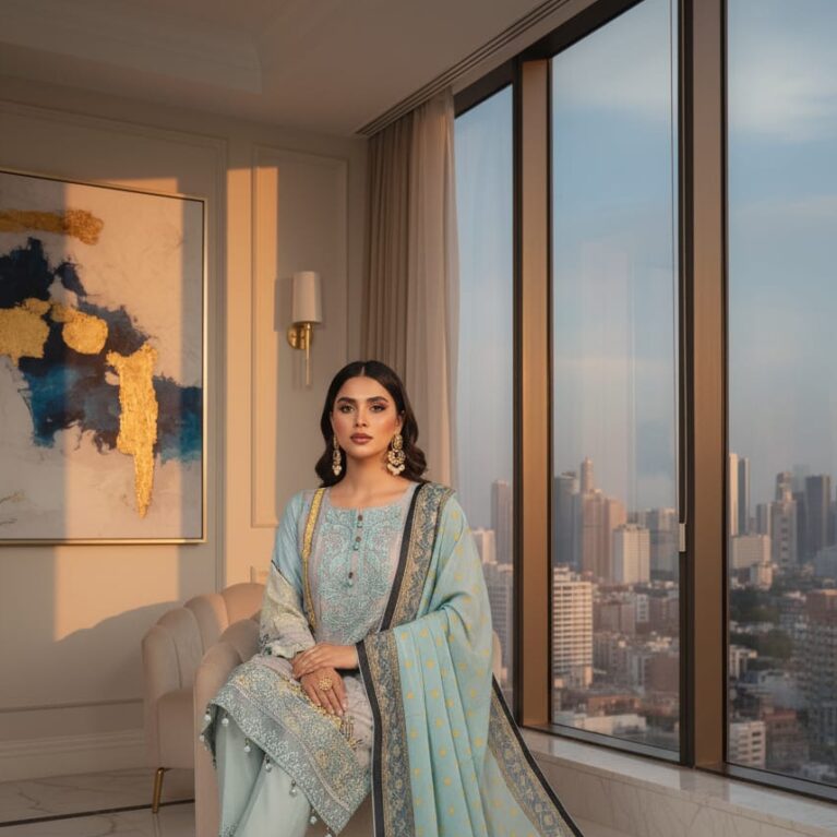 Celestine Sky – Embroidered Three-Piece Lawn Suit