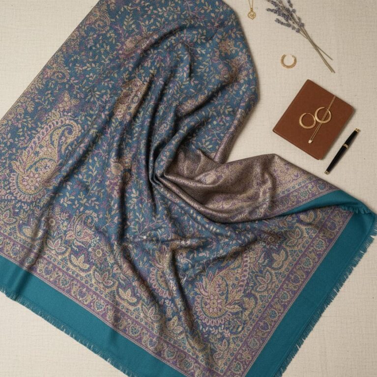 Midnight Teal – Double-Sided Jamawar Wool Shawl