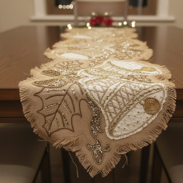 Elegant Beaded Christmas Bell Burlap Table Runner