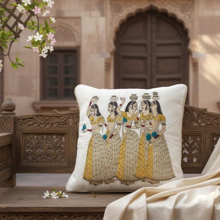 Meera's Grace: Intricately Embroidered Artisan Cushion Cover