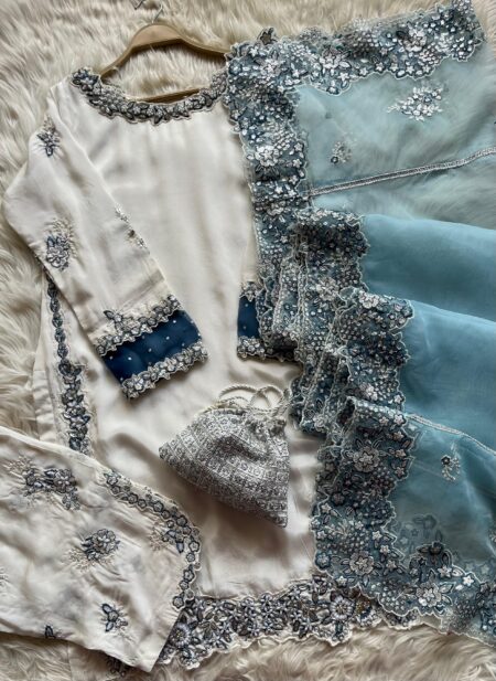 Azure Bloom – Embroidered 3-Piece Luxury Suit