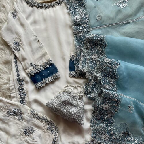 Azure Bloom – Embroidered 3-Piece Luxury Suit